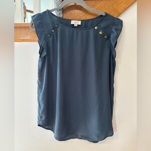 LOFT Blue Flutter Sleeve Blouse Featuring Gold Decorative Buttons - Small